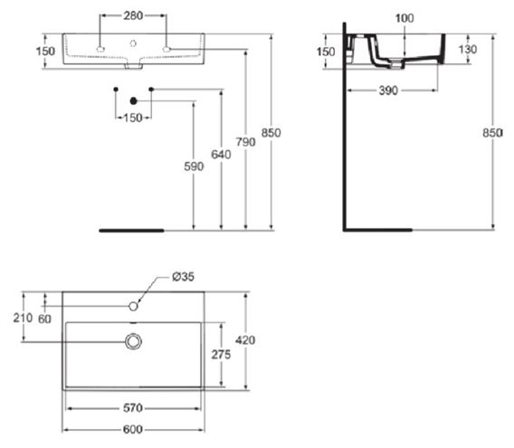 IDEAL STANDARD STRADA umývadlo 60 cm, s otvorom pre batériu a prepadom K077801 Technický nákres