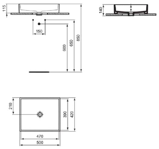 IDEAL STANDARD STRADA umývadlo na dosku 50 cm, bez prepadu K077601 Technický nákres