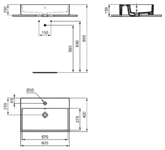 IDEAL STANDARD STRADA umývadlo na dosku 60 cm, s otvorom pre batériu a prepadom K078101 Technický nákres