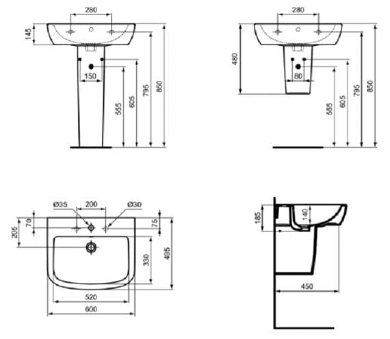 IDEAL STANDARD TEMPO umývadlo 60 cm, s otvorom pre batériu a prepadom T058401 Technický nákres