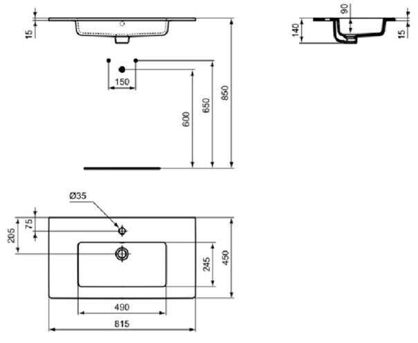 IDEAL STANDARD TEMPO umývadlo 81,5 cm, s otvorom pre batériu a prepadom E066901 Technický nákres