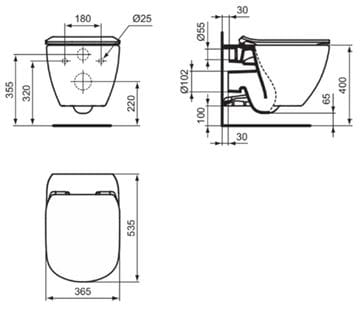 IDEAL STANDARD TESI závesné WC, so SoftClosing sedátkom, AquaBlade splachovanie T354601 Technický nákres