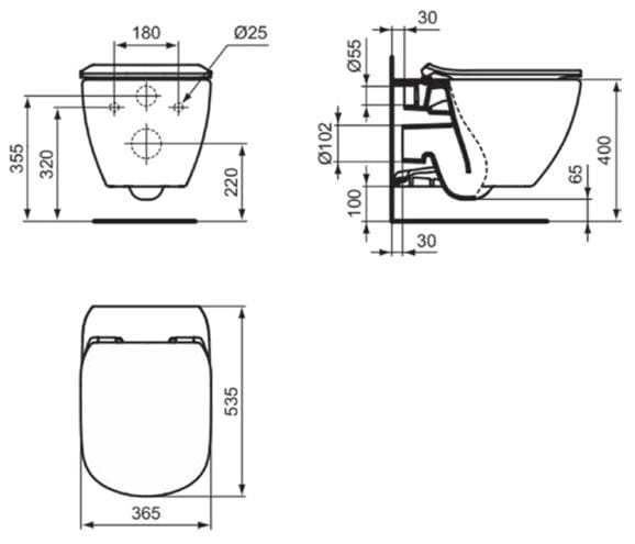 IDEAL STANDARD TESI závesné WC, so SoftClosing sedátkom, AquaBlade splachovanie T354601 Technický nákres