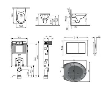 CONCEPT 100 závesné WC s montážnym prvkom TECEbox, sedadlo, biele tlačidlo PT1.TEKF-KK.W.25 Technický nákres