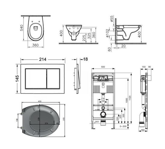 CONCEPT 100 závesné WC s montážnym prvkom TECEprofil, sedadlo, biele tlačidlo PT1.TEDF-KK.W.26 Technický nákres