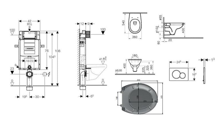 CONCEPT 100 závesné WC s montážnym prvkom Kombifix, sedadlo, biele tlačidlo PT2.GEKF-KK.W.3 Technický nákres