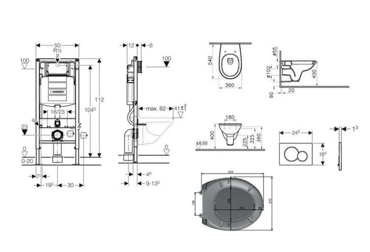 CONCEPT 100 závesné WC s montážnym prvkom Duofix, sedadlo, biele tlačidlo PT2.GEDF-KK.W.4 Technický nákres