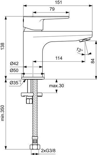 IDEAL STANDARD CERAFINE O umývadlová stojanková batéria, chróm BC696AA Technický nákres
