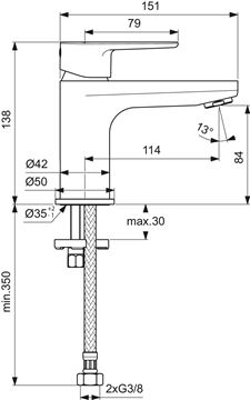 IDEAL STANDARD CERAFINE O umývadlová stojanková batéria, chróm BC696AA Technický nákres