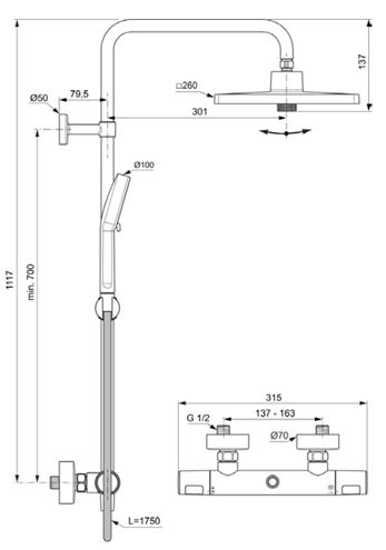 IDEAL STANDARD CERATHERM T25+ sprchový set s termostatickou batériou, horná sprcha, ručná sprcha s 2 prúdmi, tyč, hadica, chróm A8530AA Technický nákres