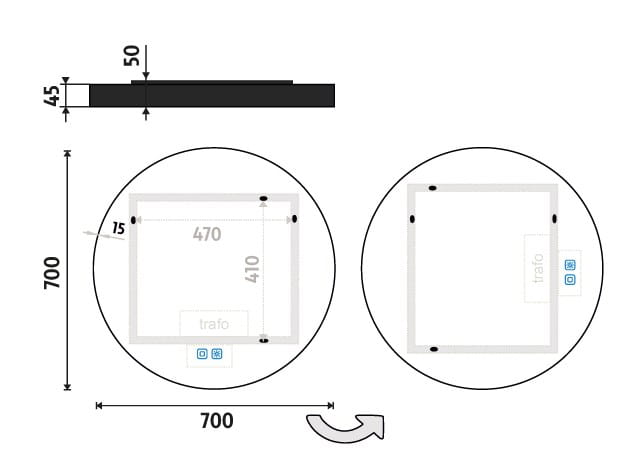 NIMCO ZP 31000 zrkadlo 70 cm, reverzibilné, s osvetlením, s reguláciou stmievania a teploty svetla, s dvoma senzormi ZPC 31001RVX-90 Technický nákres