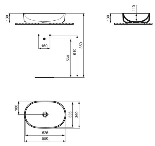 IDEAL STANDARD I.LIFE O umývadlo na dosku 55 cm, bez prepadu T573201 Technický nákres