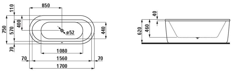 LAUFEN SOLUTIONS voľne stojaca vaňa 170x75 cm, s hliníkovým rámom, s panelom, akrylát H2225120000001 Technický nákres