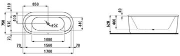 LAUFEN SOLUTIONS voľne stojaca vaňa 170x75 cm, s hliníkovým rámom, s panelom, akrylát H2225120000001 Technický nákres