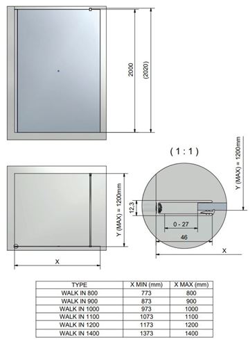 ROTH CARIBA WALK IN CI TWF stena walk-in 110x200 cm, brillant/číre sklo CI TWF 11020 VPF Technický nákres