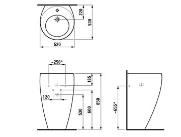 LAUFEN ILBAGNOALESSI ONE umývadlo na podlahu 52 cm, s otvorom na batériu, skrytý prepad, LCC H8119714001041 Technický nákres