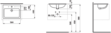 LAUFEN PRO S umývadlo 56 cm, s otvorom pre batériu a prepadom H8189630001041 Technický nákres