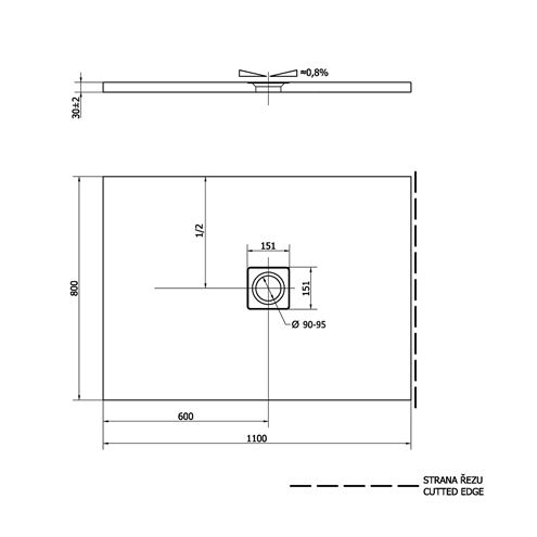 POLYSAN FLEXIA sprchová vanička 110x80 cm, liaty mramor, bez nožičiek 72924 Technický nákres