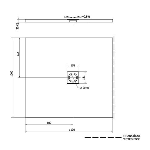 POLYSAN FLEXIA sprchová vanička 110x100 cm, liaty mramor, bez nožičiek 72922 Technický nákres