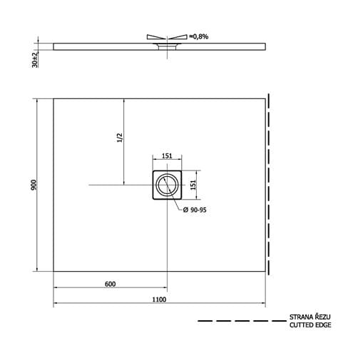 POLYSAN FLEXIA sprchová vanička 110x90 cm, liaty mramor, bez nožičiek 72923 Technický nákres
