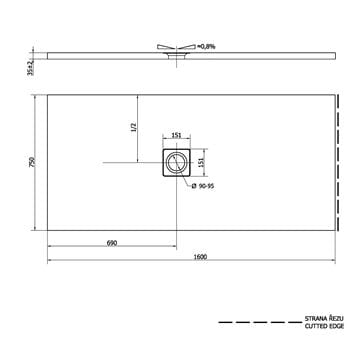 POLYSAN FLEXIA sprchová vanička 160x75 cm, liaty mramor, bez nožičiek 72921 Technický nákres