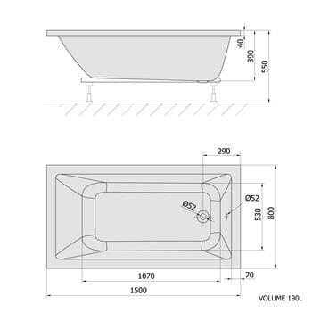 POLYSAN NOEMI vaňa 150x80 cm, bez nožičiek, akrylát 71727 Technický nákres