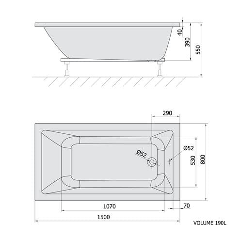 POLYSAN NOEMI vaňa 150x80 cm, bez nožičiek, akrylát 71727 Technický nákres