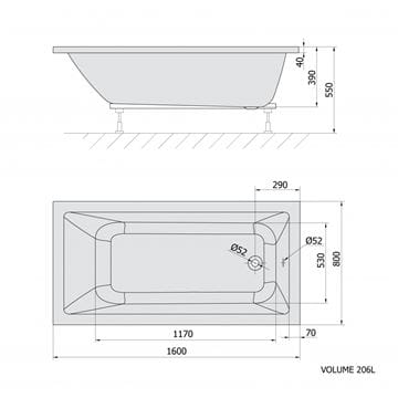 POLYSAN NOEMI vaňa 160x80 cm, bez nožičiek, akrylát 71722 Technický nákres