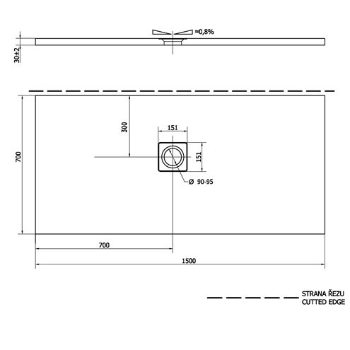 POLYSAN FLEXIA sprchová vanička 150x70 cm, liaty mramor, bez nožičiek 90131 Technický nákres