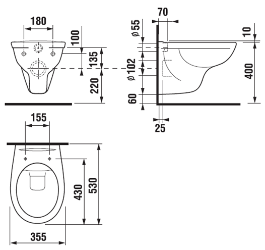 JIKA DINO WC závesné WC, Rimless splachovanie H8213770000001 Technický nákres
