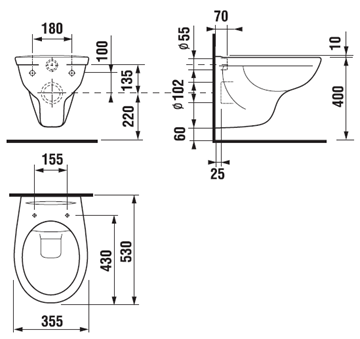JIKA DINO WC závesné WC, Rimless splachovanie H8213770000001 Technický nákres