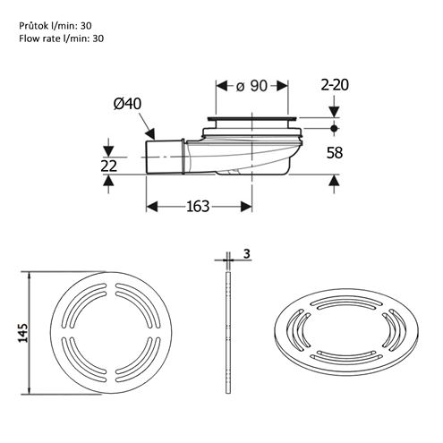 POLYSAN FLEXIA nízky vaničkový sifón pr. 90 mm, biela 17771 Technický nákres