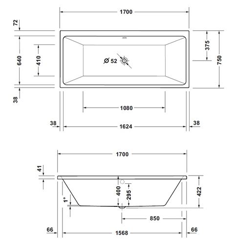 CONCEPT 200 NEW vaňa 170x75 cm, pre 2 osoby, bez nožičiek, akrylát 700726000000000 Technický nákres