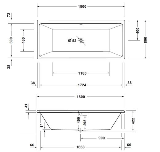 CONCEPT 200 NEW vaňa 180x80 cm, pre 2 osoby, bez nožičiek, akrylát 700727000000000 Technický nákres