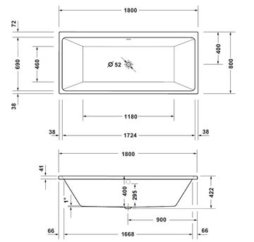 CONCEPT 200 NEW vaňa 180x80 cm, pre 2 osoby, bez nožičiek, akrylát 700727000000000 Technický nákres