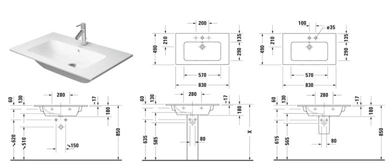 DURAVIT ME BY STARCK umývadlo 83 cm, s otvorom pre batériu a prepadom, DuraShield 233683AA00 Technický nákres