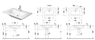 DURAVIT ME BY STARCK umývadlo 83 cm, s otvorom pre batériu a prepadom, DuraShield 233683AA00 Technický nákres