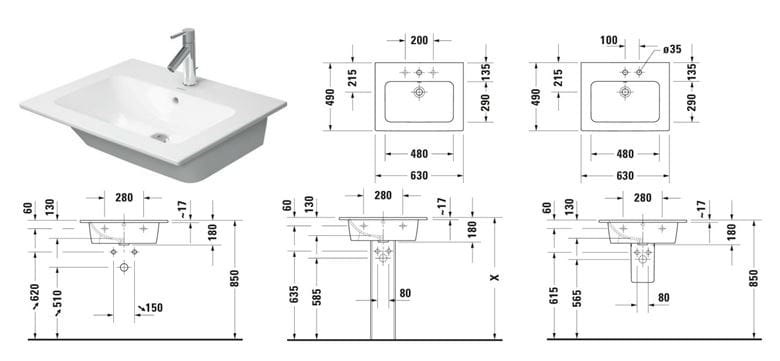DURAVIT ME BY STARCK umývadlo 63 cm, s otvorom pre batériu a prepadom, DuraShield 233663AA00 Technický nákres