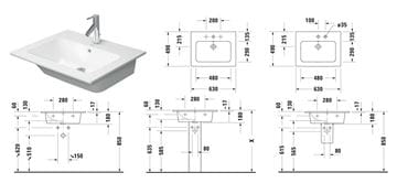 DURAVIT ME BY STARCK umývadlo 63 cm, s otvorom pre batériu a prepadom, DuraShield 233663AA00 Technický nákres