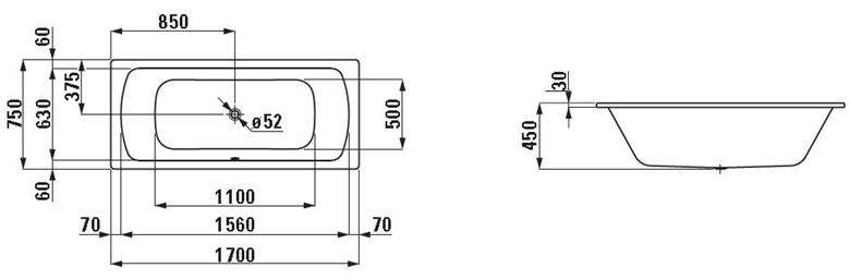 LAUFEN MODERNA PLUS vaňa 170x75 cm, pre 2 osoby, bez nožičiek, smaltovaná oceľ H2250700000401 Technický nákres