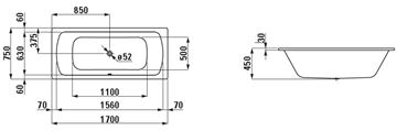 LAUFEN MODERNA PLUS vaňa 170x75 cm, pre 2 osoby, bez nožičiek, smaltovaná oceľ H2250700000401 Technický nákres