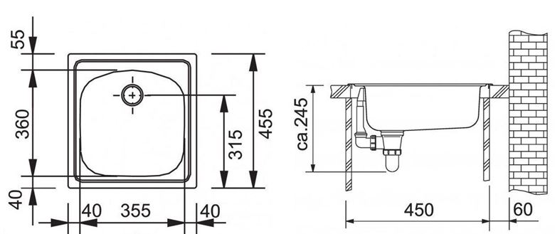 FRANKE EUROSTAR ETN 610 nerezový drez 455x435 mm 101.0286.106 Technický nákres