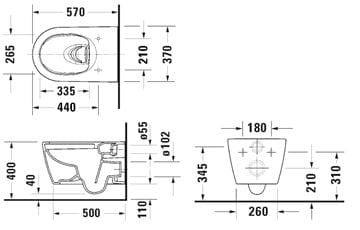 DURAVIT ME BY STARCK závesné WC, HygieneFlush splachovanie, DuraShield 257909AA00 Technický nákres