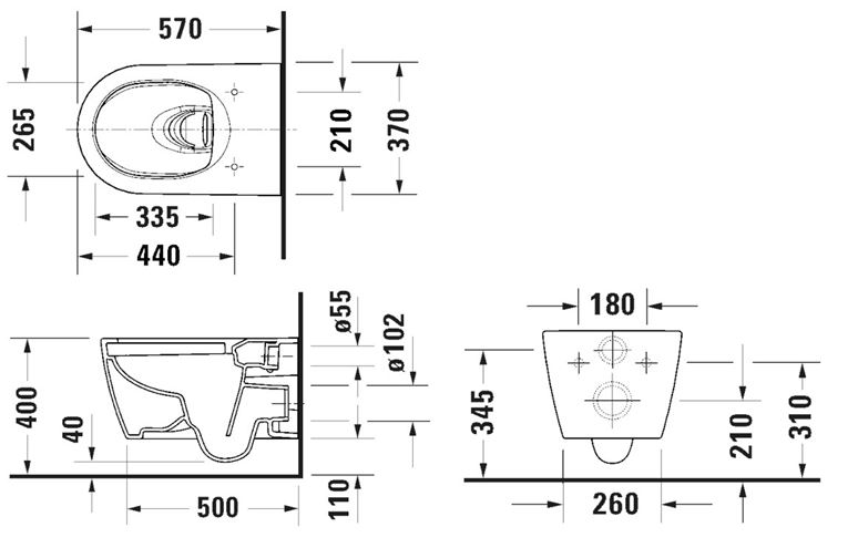 DURAVIT ME BY STARCK závesné WC, HygieneFlush splachovanie, DuraShield 257909AA00 Technický nákres