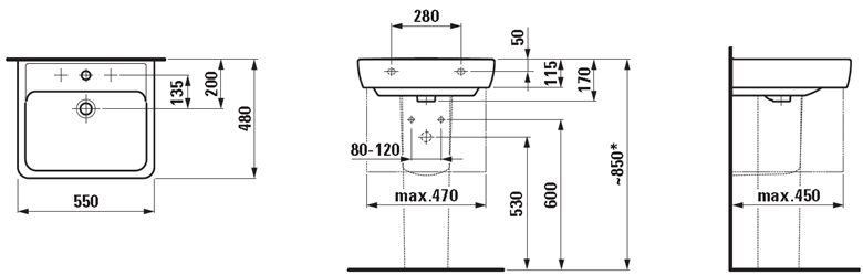 LAUFEN PRO A umývadlo 55 cm, s otvorom pre batériu a prepadom H8189510001041 Technický nákres