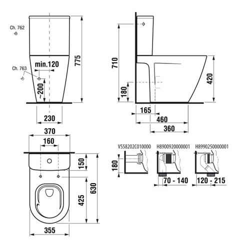 JIKA CUBITO STYLE WC kombi misa, Vortex/Rimless splachovanie, Dual-Flush, vario odpad, bočné napúšťanie H8244220000001 Technický nákres