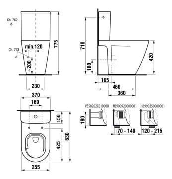 JIKA CUBITO STYLE WC kombi misa, Vortex/Rimless splachovanie, Dual-Flush, vario odpad, bočné napúšťanie H8244220000001 Technický nákres