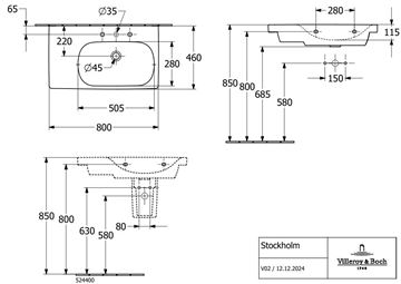 VILLEROY & BOCH SKYLA umývadlo 80 cm, s otvorom pre batériu a prepadom, alpská biela 5A52R101 Technický nákres