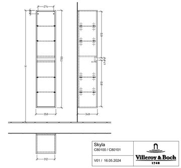 VILLEROY & BOCH SKYLA vysoká skrinka 35x34, 8x170 cm, 2 dvierka, pánty vpravo, Soft Green C80101AF Technický nákres