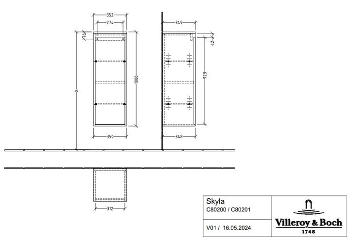 VILLEROY & BOCH SKYLA nízka skrinka 35x34, 9x100 cm, 1 dvierka, pánty vpravo, Soft Green C80201AF Technický nákres